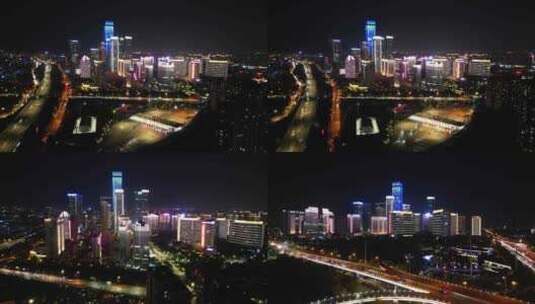西安高新区双子塔锦业路CBD夜景航拍高清在线视频素材下载