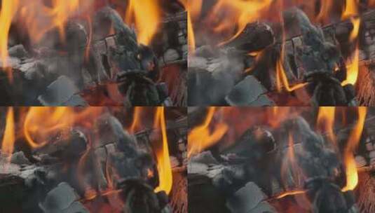 篝火中燃烧的木头特写镜头高清在线视频素材下载