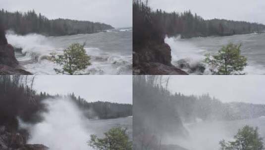 猛烈的风暴潮撞击着岩石悬崖高清在线视频素材下载