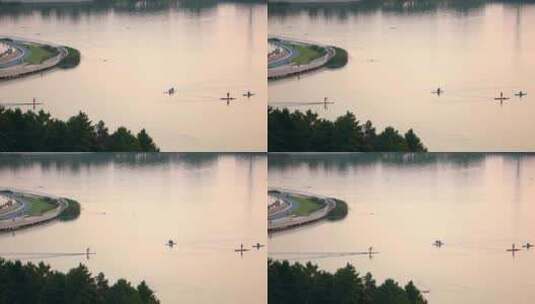上海嘉定新城远香湖桨板皮划艇滑行高清在线视频素材下载