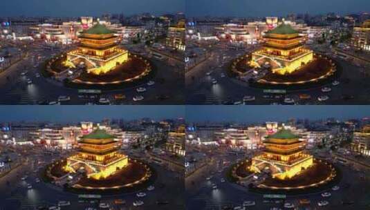 航拍西安钟楼夜景高清在线视频素材下载