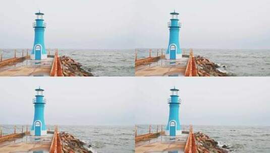 海上蓝色灯塔与栈道高清在线视频素材下载