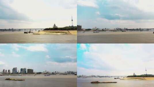 武汉长江大桥 电视塔 江面行船摇拍高清在线视频素材下载