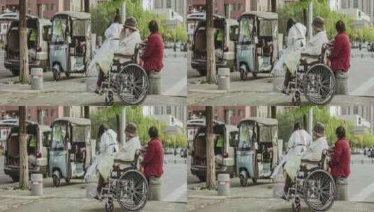 街边理发老人老年轮椅关爱高清在线视频素材下载