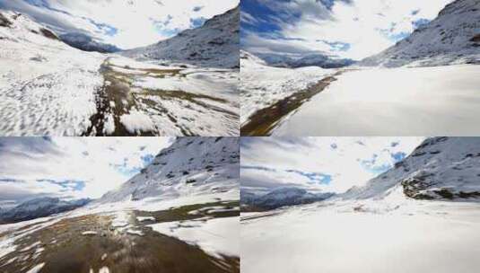 FPV航拍雪山河流蓝天白云高山山脉峡谷湖泊高清在线视频素材下载