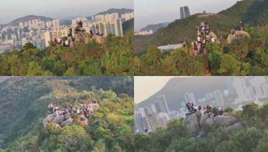 香港宝马山观景平台傍晚夕阳航拍高清在线视频素材下载