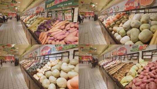 生鲜超市的货架上的新鲜蔬菜高清在线视频素材下载