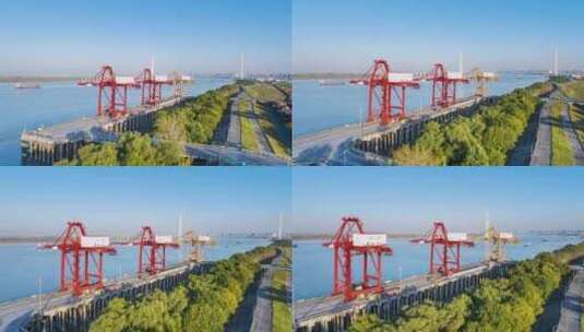 九江市城西港集装箱码头岸边起重机航拍延时高清在线视频素材下载