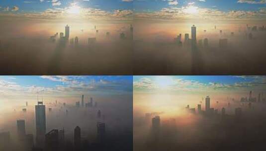 广州史诗级绝美平流雾日出航拍高清视频高清在线视频素材下载
