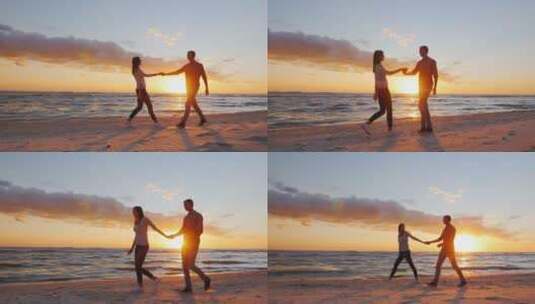 夫妇走在海滩上牵手高清在线视频素材下载