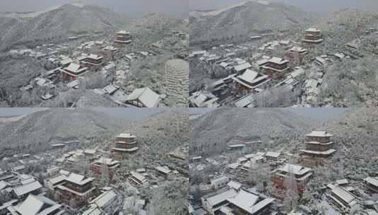 航拍杭州径山寺中式古建筑寺庙山顶森林雪景高清在线视频素材下载