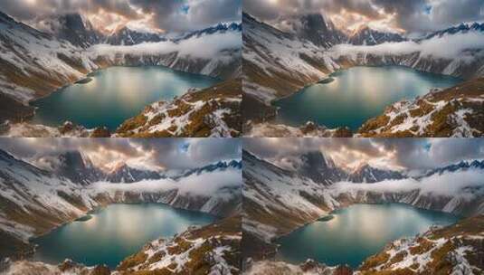 雪山环绕的湖泊全景高清在线视频素材下载