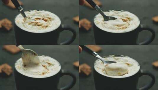 加奶油的咖啡微距景观高清在线视频素材下载