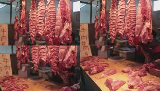 挂起来的猪肉猪肋骨高清在线视频素材下载