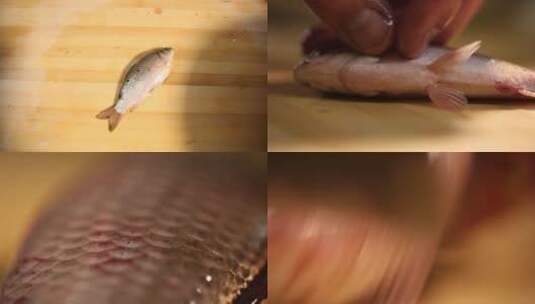 【镜头合集】菜刀处理小鲫鱼去内脏高清在线视频素材下载