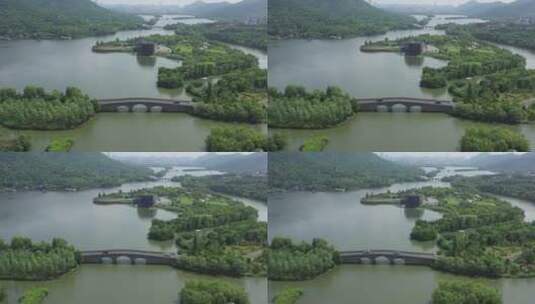 航拍杭州萧山湘湖跨湖桥遗址博物馆高清在线视频素材下载