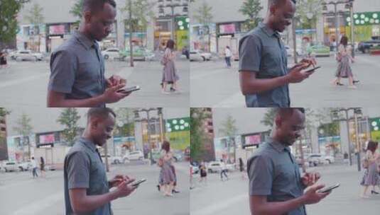 非洲黑人青年走在成都街头高清在线视频素材下载