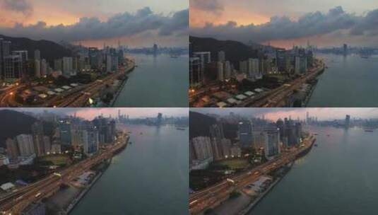 乌云晚霞下的沿海城市高清在线视频素材下载