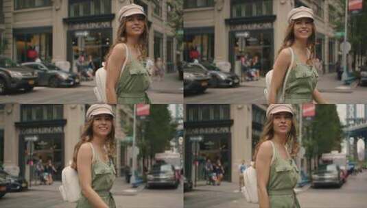 女人背着包走在纽约街道上高清在线视频素材下载