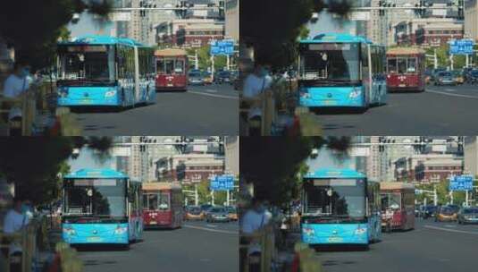 北京公交车行驶乘客上下公交车高清在线视频素材下载