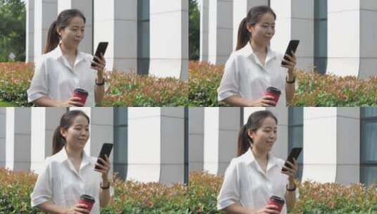 亚洲东方中国女性户外办公打电话玩手机高清在线视频素材下载