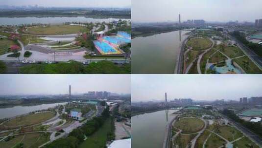 禅城区佛山青年公园凤翔大桥石湾航拍高清在线视频素材下载