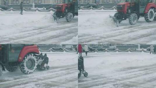 清晨环卫工人开着铲雪车清除路面积雪高清在线视频素材下载