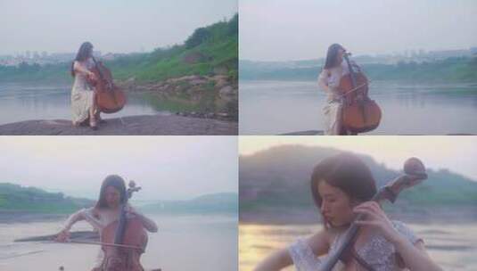 美女江边拉大提琴高清在线视频素材下载