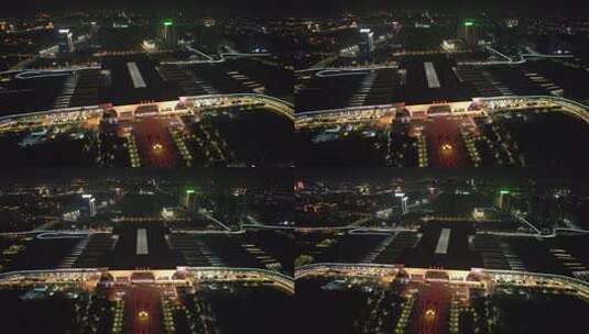 河南郑州火车站夜景灯光航拍高清在线视频素材下载