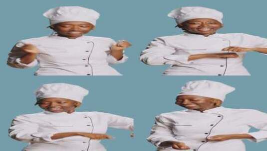 垂直视频兴奋微笑的女人厨师做舞步高清在线视频素材下载