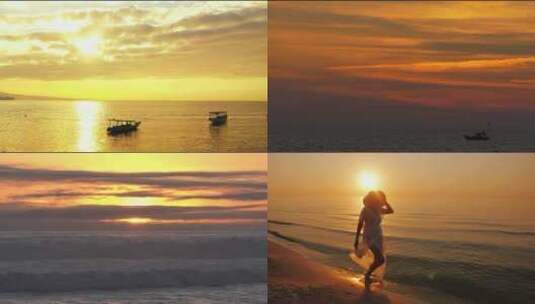 海边日落大海夕阳人物剪影高清在线视频素材下载