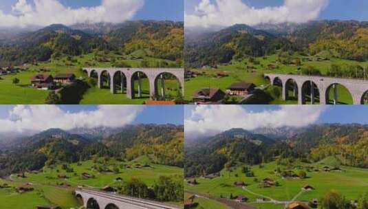 鸟瞰铁路桥和村庄高清在线视频素材下载