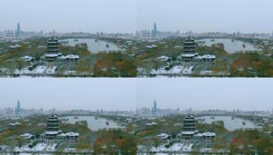 山东济南大明湖雪景航拍冬天高清在线视频素材下载