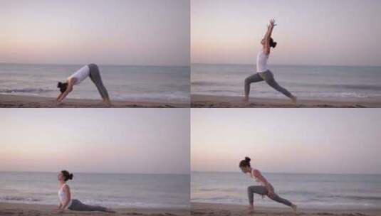 女孩晨曦的海滩做瑜伽高清在线视频素材下载
