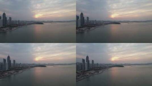 山东烟台海边城市日落晚霞航拍高清在线视频素材下载