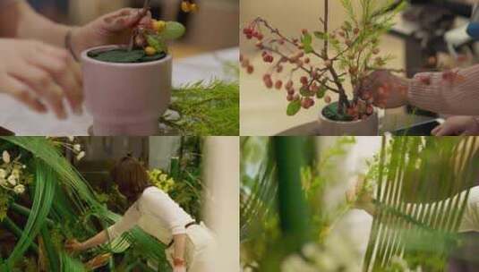 气质插花师剪花枝浇水栽种高清在线视频素材下载