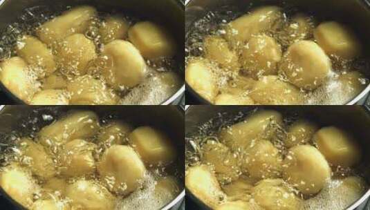 土豆在锅里煮熟特写慢镜头高清在线视频素材下载