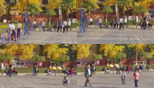 午后小区广场银杏健身锻炼运动的人高清在线视频素材下载