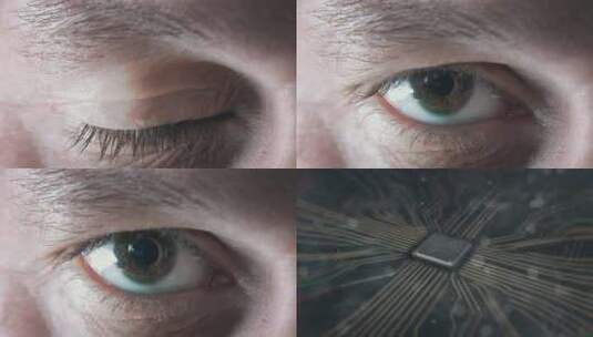 男性眼睛缩放到计算机芯片高清在线视频素材下载