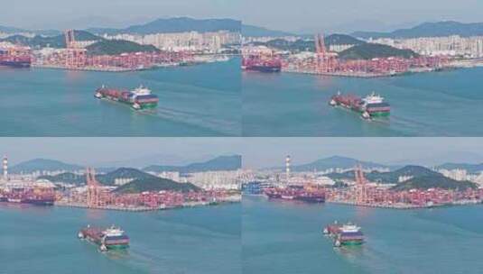 航拍海上巨型货轮入港靠岸高清在线视频素材下载