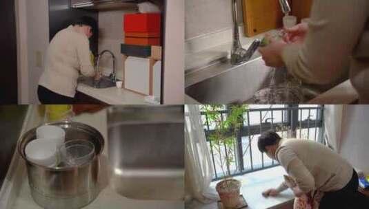 4K家庭主妇洗碗做家务收拾卫生视频高清在线视频素材下载