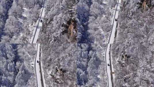 汽车行驶在秦岭210国道雪景道路上高清在线视频素材下载