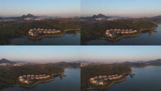 青山湖水上森林蓝调时刻航拍空镜高清在线视频素材下载