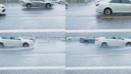 夏天暴雨中在公路上飞驰的车流慢镜特写高清在线视频素材下载