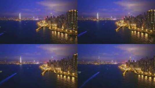 香港维多利亚港CBD中环夜景高空航拍高清在线视频素材下载