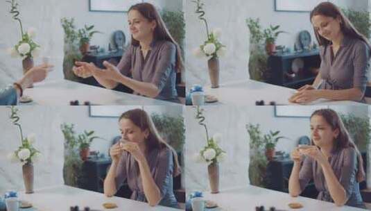 年轻迷人的女人在茶道上喝茶高清在线视频素材下载