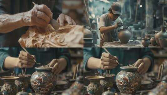 陶瓷铁艺木刻手工工匠艺人4K高清在线视频素材下载