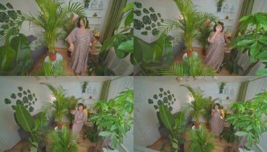 老太太，跳舞，周围，室内植物高清在线视频素材下载