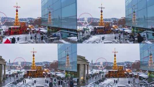 德国斯图加特的动态拍摄，白雪皑皑的圣诞市高清在线视频素材下载