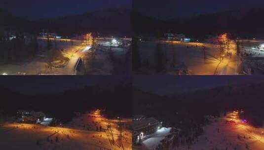 航拍新疆喀纳斯老村冬季夜景雪地小木屋高清在线视频素材下载